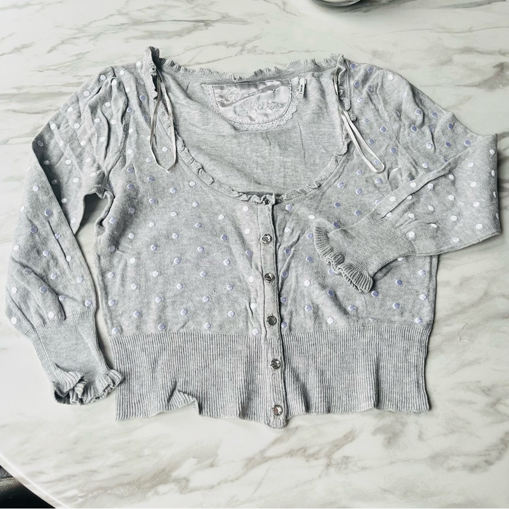 Guess Vintage Y2K Gray and White Polka Dot Cardigan